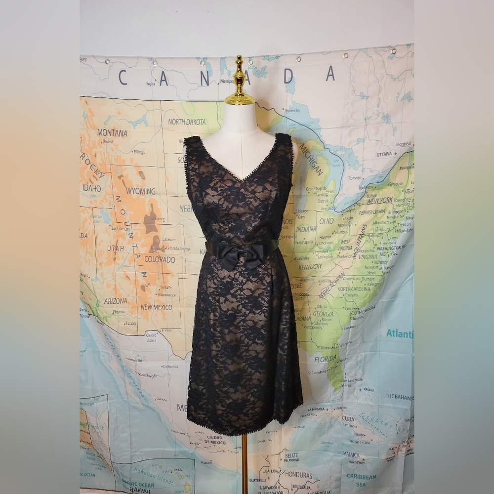 Vintage Elegant Black Lace Cocktail Dress With Bow Belt Size 14